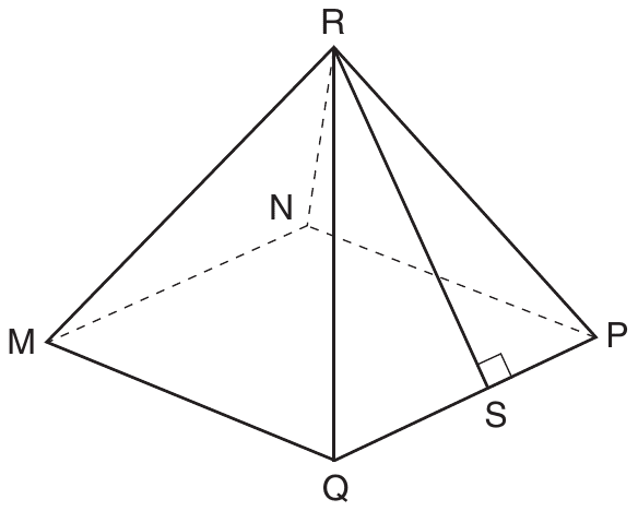 Square pyramid with apex R over the square base MNPQ; corner N is at the back, and its edges are dashed as hidden. Segment RS runs down face QRP from R to point S on base edge QP, with a right-angle mark at S.