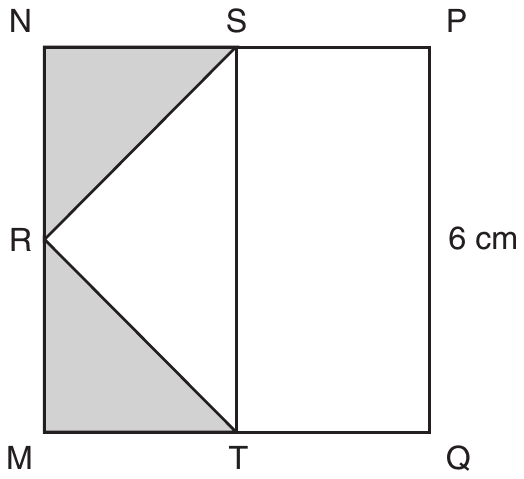 Square MNPQ with N at the top left, P at the top right, Q at the bottom right and M at the bottom left; side PQ is labeled 6 cm. S is on the top side NP, T is on the bottom side MQ, and R is on the left side MN. Segments ST, RS and RT are drawn, and the two triangles RNS (top left corner) and TMR (bottom left corner) are shaded.