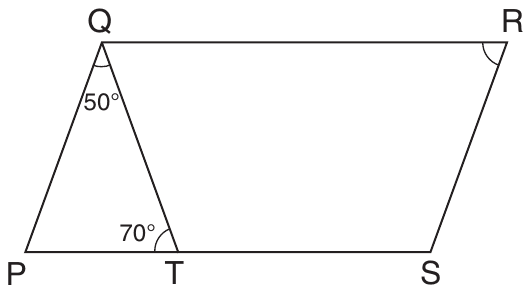 Parallelogram PQRS with Q and R along the top and P and S along the bottom. Point T is on the bottom side PS, and segment QT cuts off triangle PQT. Angle PQT, at Q, is marked 50°; angle PTQ, at T, is marked 70°; angle QRS, at R, is marked with an arc and no measure.