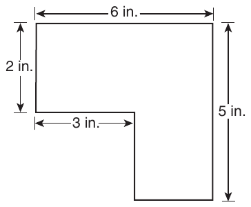 An L-shaped outline with all right angles. The top side is labeled 6 in. and the right side, the full height of the figure, is labeled 5 in. The left side, running down from the top-left corner, is labeled 2 in.; from its lower end a horizontal side labeled 3 in. runs to the right, and from there an unlabeled side runs down to the bottom, which is also unlabeled and meets the right side.