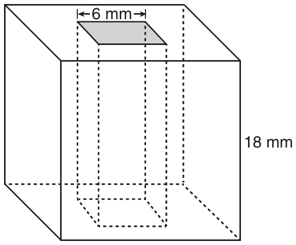 A cube whose right edge is labeled 18 mm. A hole shaped like a square prism runs straight down through the middle of the cube from the top face to the bottom face; its square opening on the top face is shaded gray, and one side of the opening is labeled 6 mm. The hidden edges of the cube and of the hole are dashed.