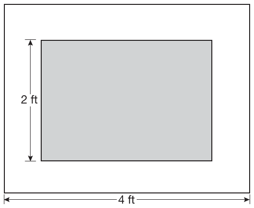 A shaded rectangle inside a larger, unshaded outer rectangle. The bottom side of the outer rectangle is labeled 4 ft. The left side of the shaded rectangle is labeled 2 ft. The shaded rectangle is wider than it is tall.
