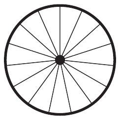 A wheel: a circle with a small solid hub at its center and 15 straight spokes running from the hub to the rim, equally spaced around it.