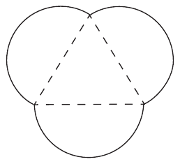 An equilateral triangle drawn with dashed sides. On each side a semicircle bulges outward, with that side as its diameter. The three curved arcs together form the outline of the garden.