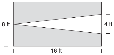 A rectangle whose bottom side is labeled 16 ft and whose left side is labeled 8 ft. It is shaded gray except for a white triangle inside it: the triangle’s vertex is at the middle of the left side, and its base lies along the right side and is labeled 4 ft.