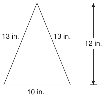 Triangle with its two slanted sides each labeled 13 in. and its base labeled 10 in. Beside it, a vertical arrow as tall as the triangle, from its base to its top vertex, is labeled 12 in.
