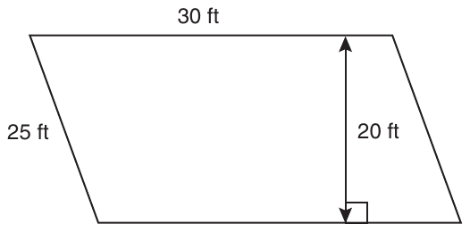 A parallelogram with horizontal top and bottom sides; its left and right sides both slant down to the right. The top side is labeled 30 ft and the slanted left side is labeled 25 ft. A vertical double-headed arrow from the top side down to the bottom side, with a right-angle mark where it meets the bottom side, is labeled 20 ft.