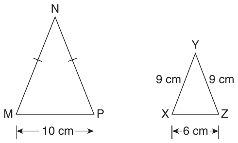 Two triangles. Triangle MNP has N at the top and base MP labeled 10 cm; sides MN and NP each have a tick mark, showing they are equal. The smaller triangle XYZ has Y at the top, base XZ labeled 6 cm, and sides XY and YZ each labeled 9 cm.