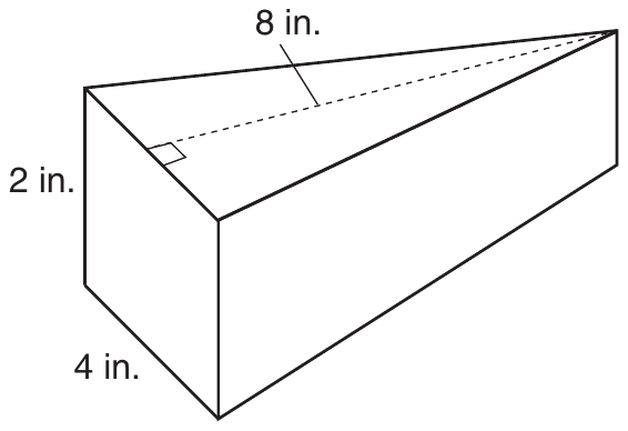 A triangular prism with a triangle on the top and bottom and three rectangular sides. On the top triangle, a dashed segment labeled 8 in. runs from the far vertex to the opposite side and meets it at a right angle. The bottom edge below that opposite side is labeled 4 in., and the vertical edge at its left end is labeled 2 in.