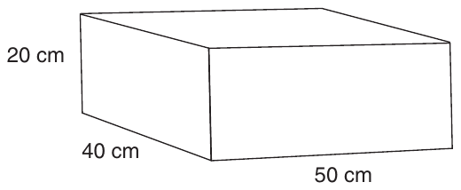 A closed rectangular box drawn in three dimensions. Its height is labeled 20 cm, the bottom edge running back on the left is labeled 40 cm, and the bottom front edge is labeled 50 cm.