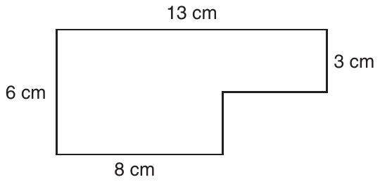 Scale drawing of a garden shaped like a rectangle with its lower right corner cut out; all six sides are horizontal or vertical. The top side is labeled 13 cm and the left side 6 cm. From the top right corner, the right side, labeled 3 cm, goes down to an unlabeled horizontal side running left, then an unlabeled vertical side runs down to the bottom side, which is labeled 8 cm.