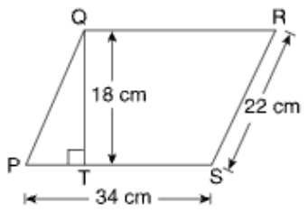Parallelogram PQRS, with Q and R at the top and P and S at the bottom; it leans to the right. A vertical segment QT is drawn from Q down to point T on side PS, with a right-angle mark at T, and labeled 18 cm. Side PS is labeled 34 cm, and side RS is labeled 22 cm.