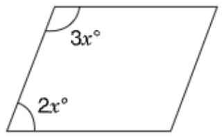 A parallelogram that leans to the right. The angle at its upper left vertex is labeled 3x°, and the angle at its lower left vertex is labeled 2x°.