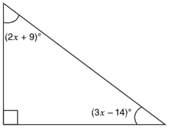 A right triangle with the right angle marked at its bottom left vertex. The angle at the top vertex is labeled (2x + 9)°, and the angle at the bottom right vertex is labeled (3x − 14)°.