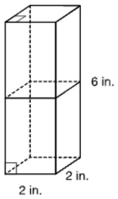 The same prism, 2 in. by 2 in. by 6 in., drawn with its hidden edges dashed and a horizontal slice partway up: a square parallel to the base and the same size as the base.