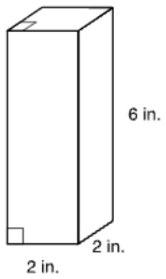 A tall right rectangular prism standing on end. The bottom front edge is labeled 2 in., the bottom edge running back on the right is labeled 2 in., and the height is labeled 6 in. Right-angle marks are drawn at the lower left corner of the front face and at the front left corner of the top face.