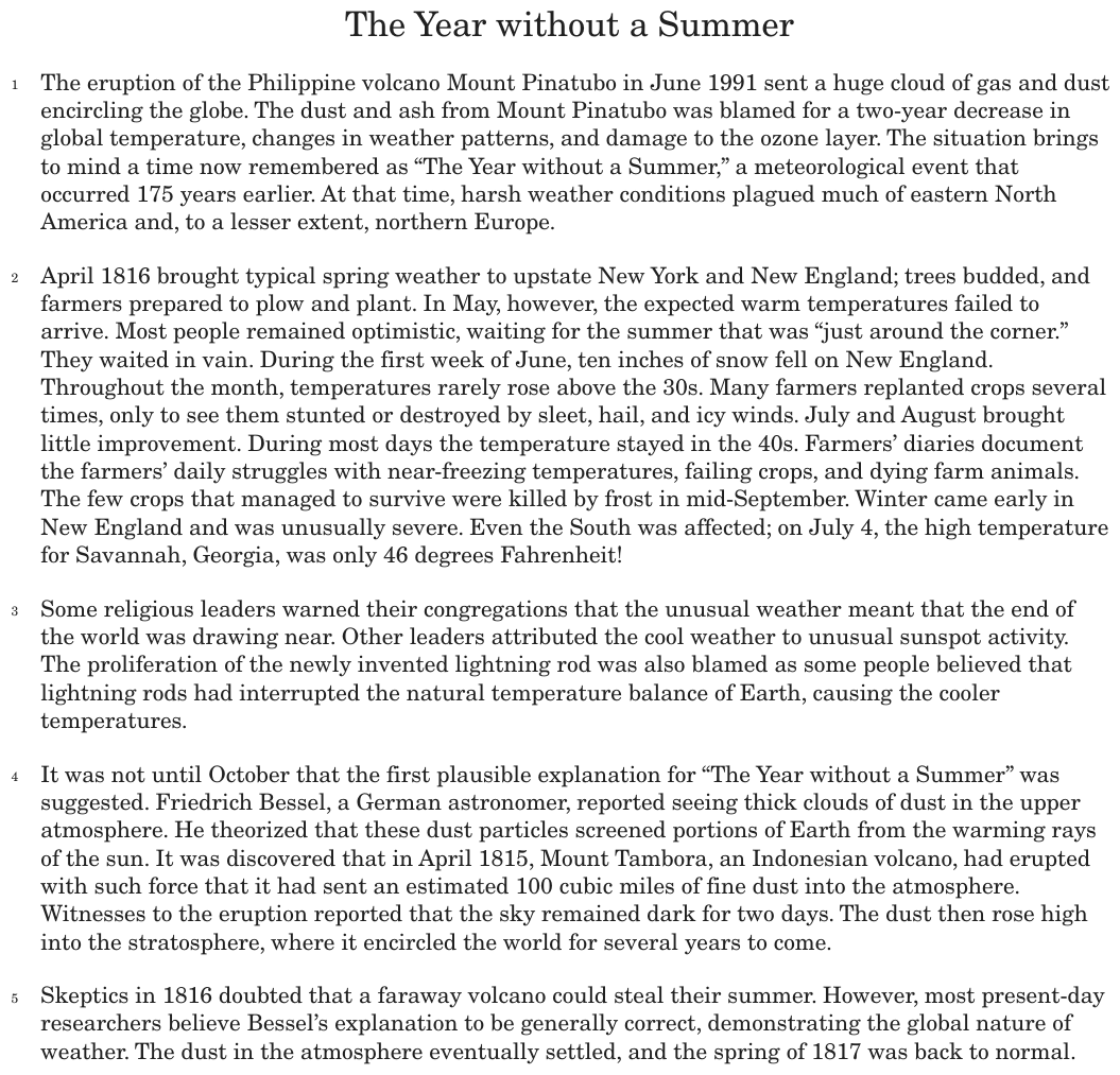 The passage “The Year without a Summer” as printed on page 76 of the DOE handbook.
