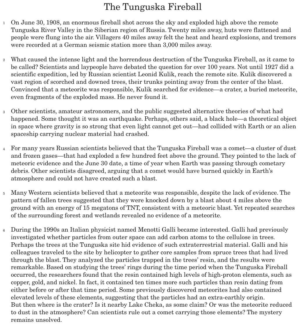 The passage “The Tunguska Fireball” as printed on page 124 of the DOE handbook.