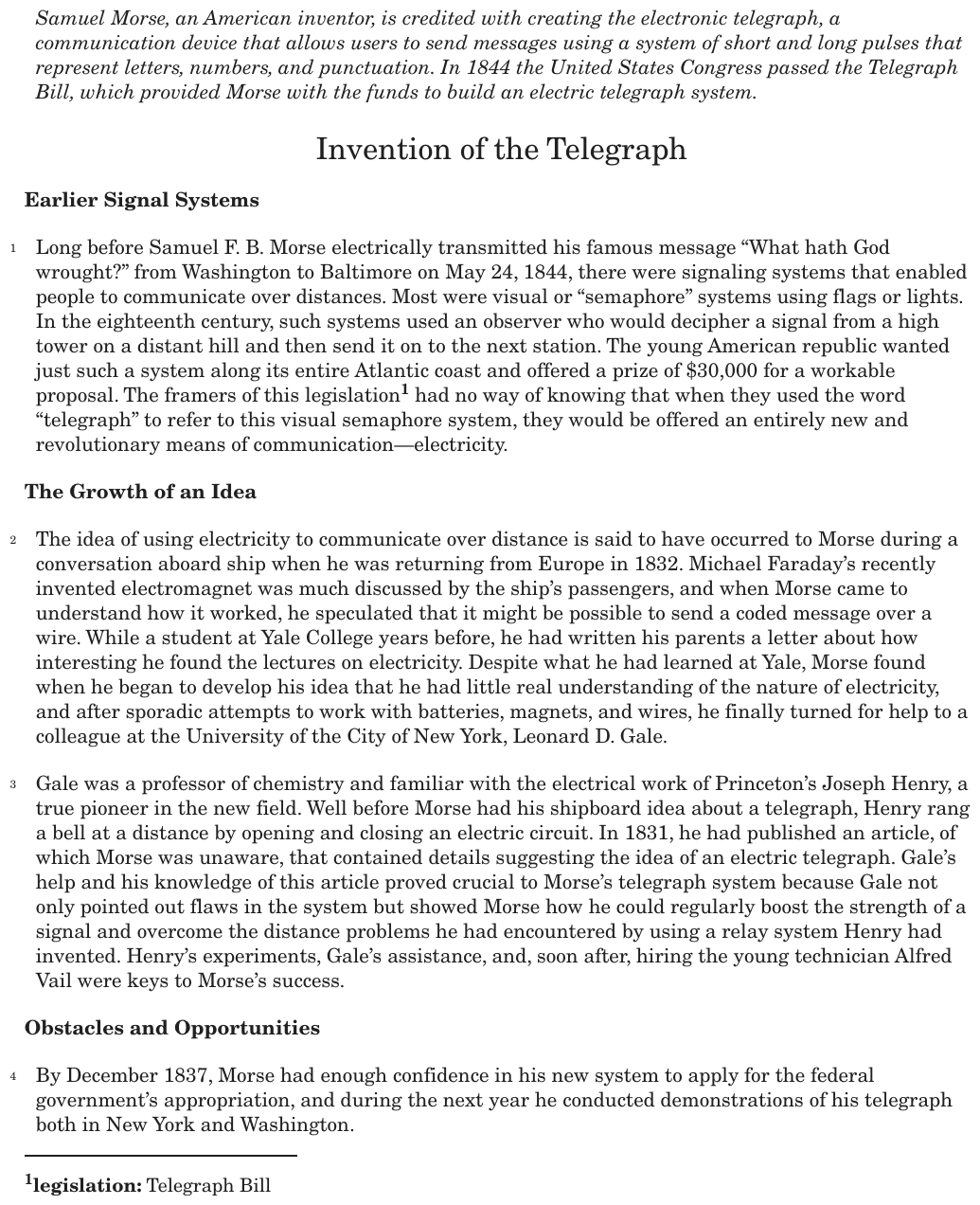 The passage “Invention of the Telegraph” as printed on page 146 of the DOE handbook.