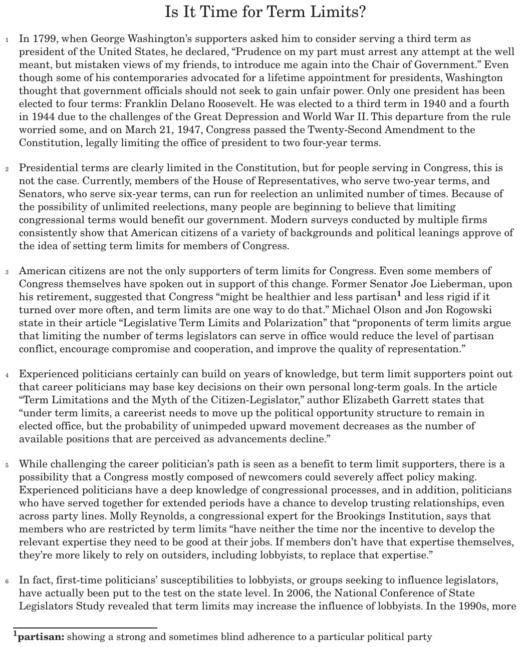 The passage “Is It Time for Term Limits?” as printed on page 90 of the DOE handbook.