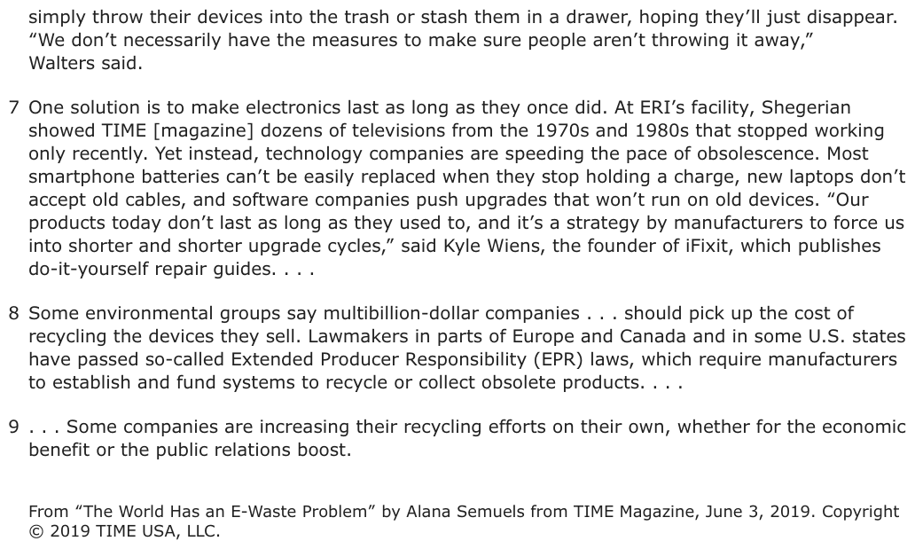 The passage “Excerpt from “The World Has an E-Waste Problem”” as printed on page 165 of the DOE handbook.