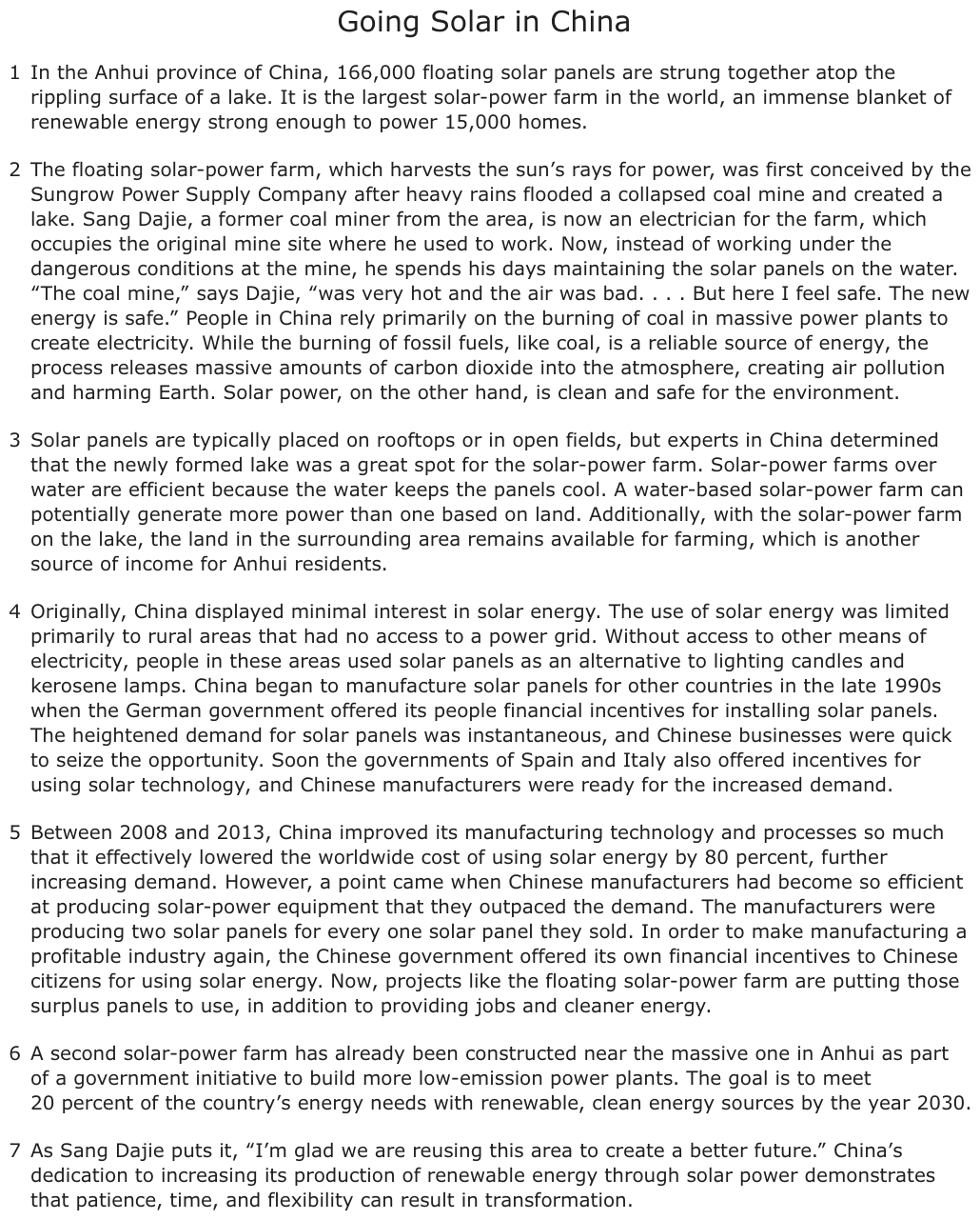 The passage “Going Solar in China” as printed on page 174 of the DOE handbook.