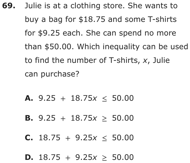 Question 69 as printed on page 200 of the DOE handbook.