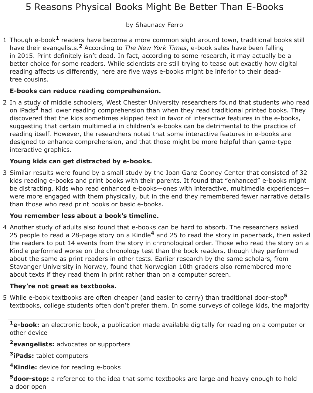 The passage “5 Reasons Physical Books Might Be Better Than E-Books” as printed on page 58 of the DOE handbook.