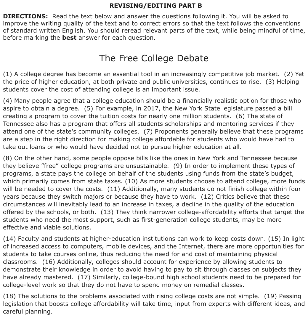 The passage “The Free College Debate” as printed on page 38 of the DOE handbook.