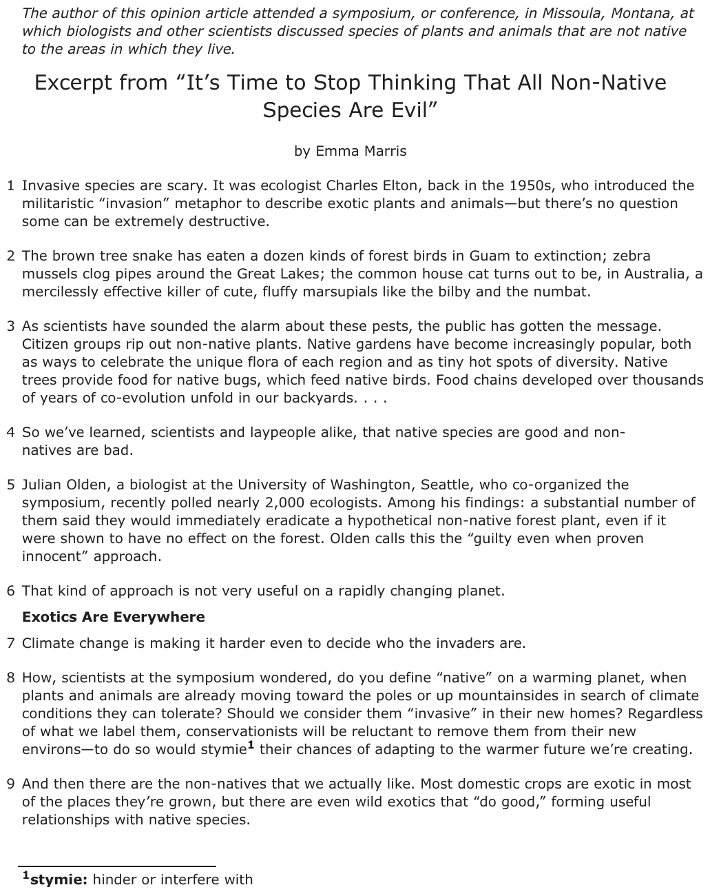 The passage “Excerpt from “It’s Time to Stop Thinking That All Non-Native Species Are Evil”” as printed on page 68 of the DOE handbook.