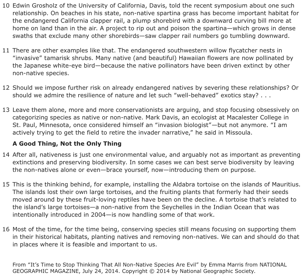 The passage “Excerpt from “It’s Time to Stop Thinking That All Non-Native Species Are Evil”” as printed on page 69 of the DOE handbook.