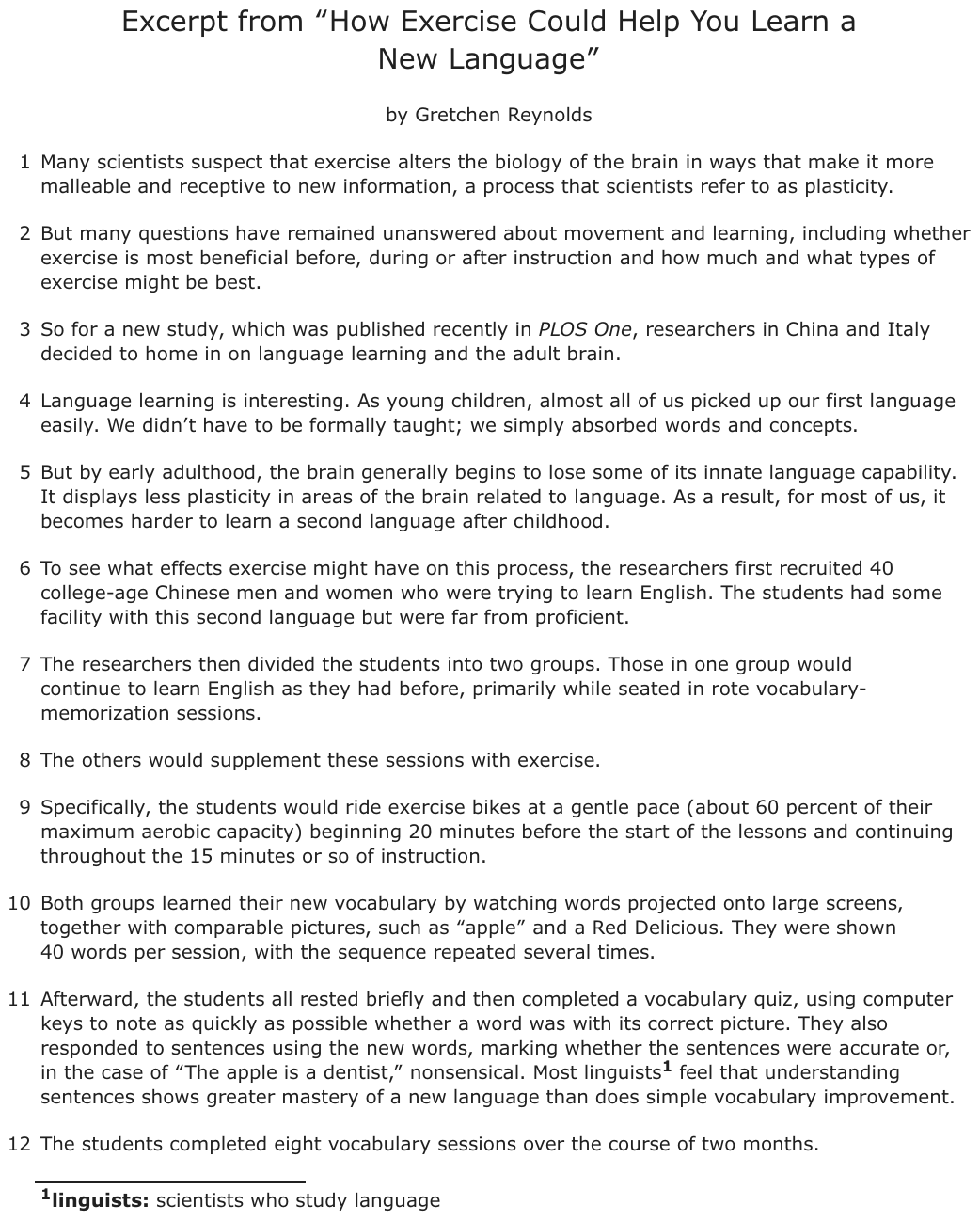 The passage “Excerpt from “How Exercise Could Help You Learn a New Language”” as printed on page 171 of the DOE handbook.
