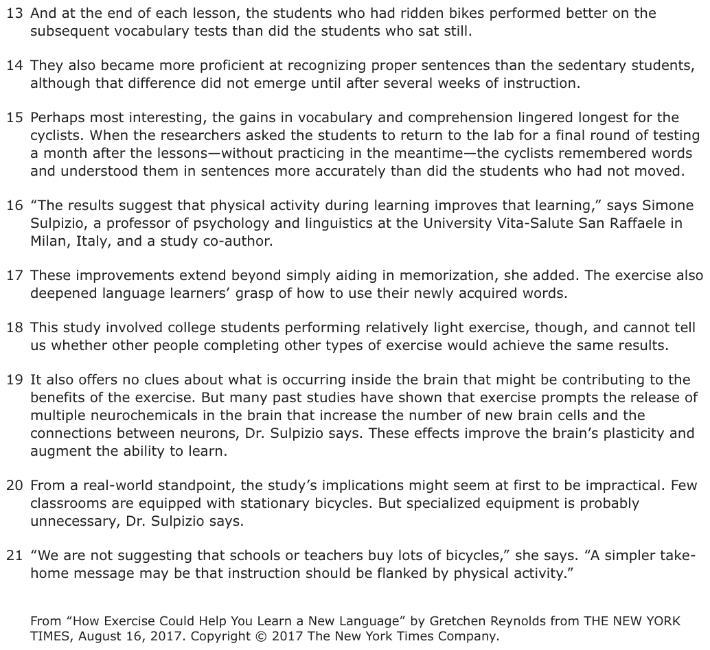 The passage “Excerpt from “How Exercise Could Help You Learn a New Language”” as printed on page 172 of the DOE handbook.
