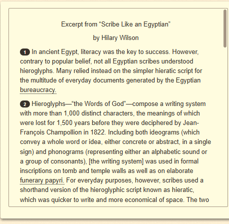 The passage “Excerpt from “Scribe Like an Egyptian”” as shown on the DOE’s digital test, screen 1 of 6.