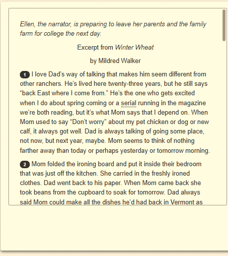 The passage “Excerpt from Winter Wheat” as shown on the DOE’s digital test, screen 1 of 7.