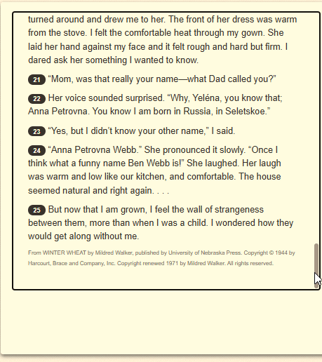 The passage “Excerpt from Winter Wheat” as shown on the DOE’s digital test, screen 7 of 7.