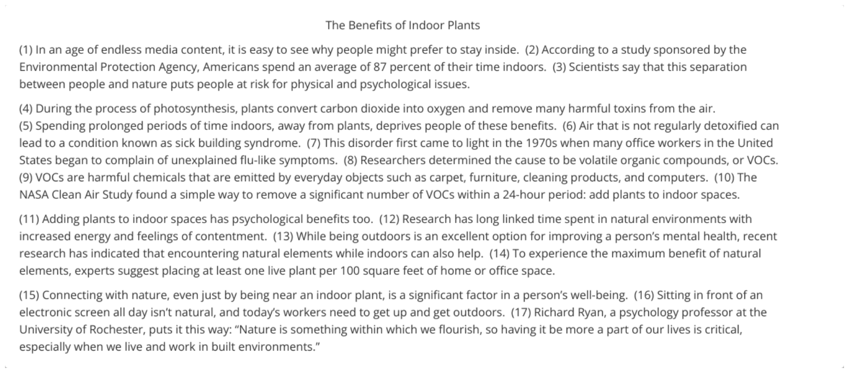 The passage “The Benefits of Indoor Plants” as printed on page 60 of the DOE handbook.