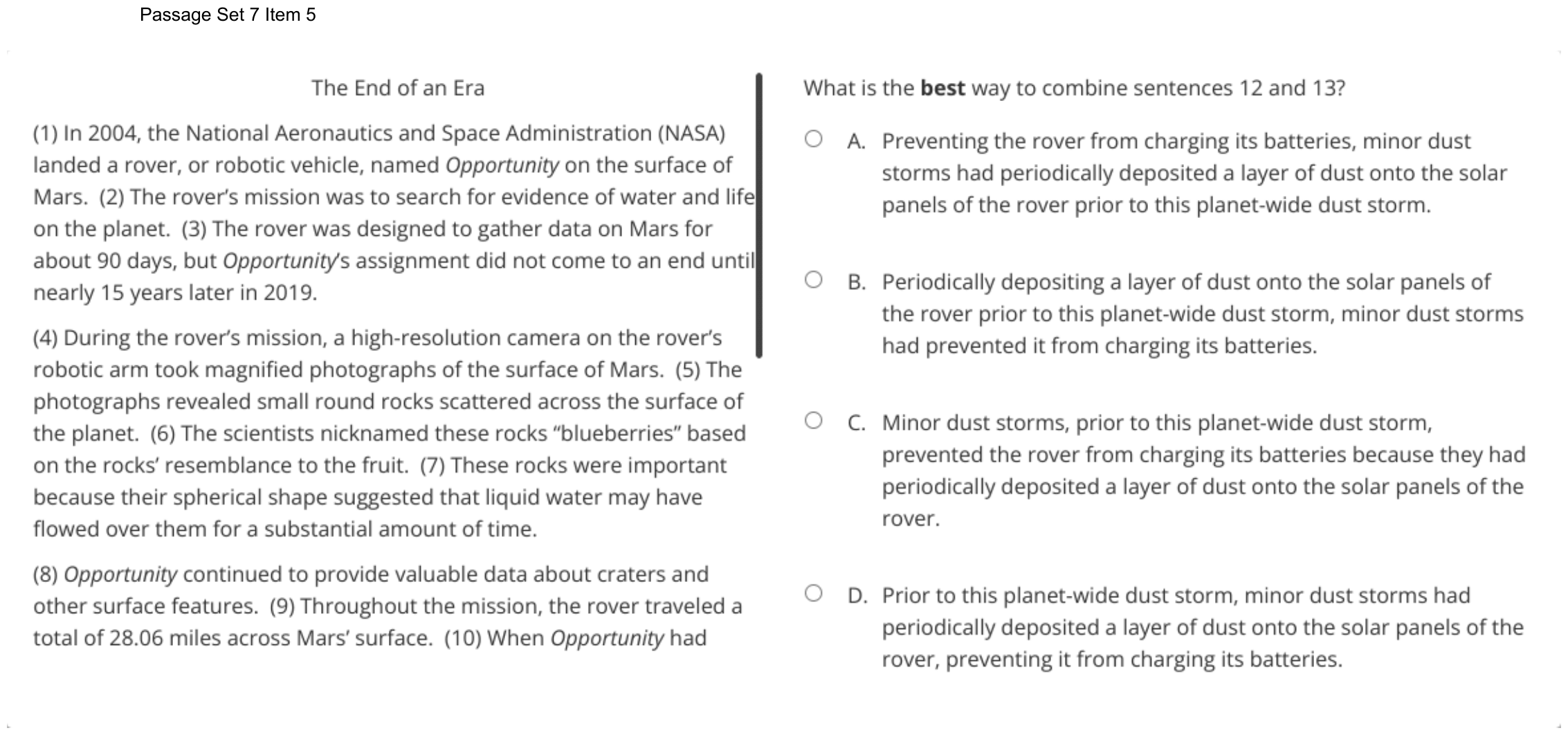 Question 47 as shown on the DOE’s digital test, page 65 of its printable version.