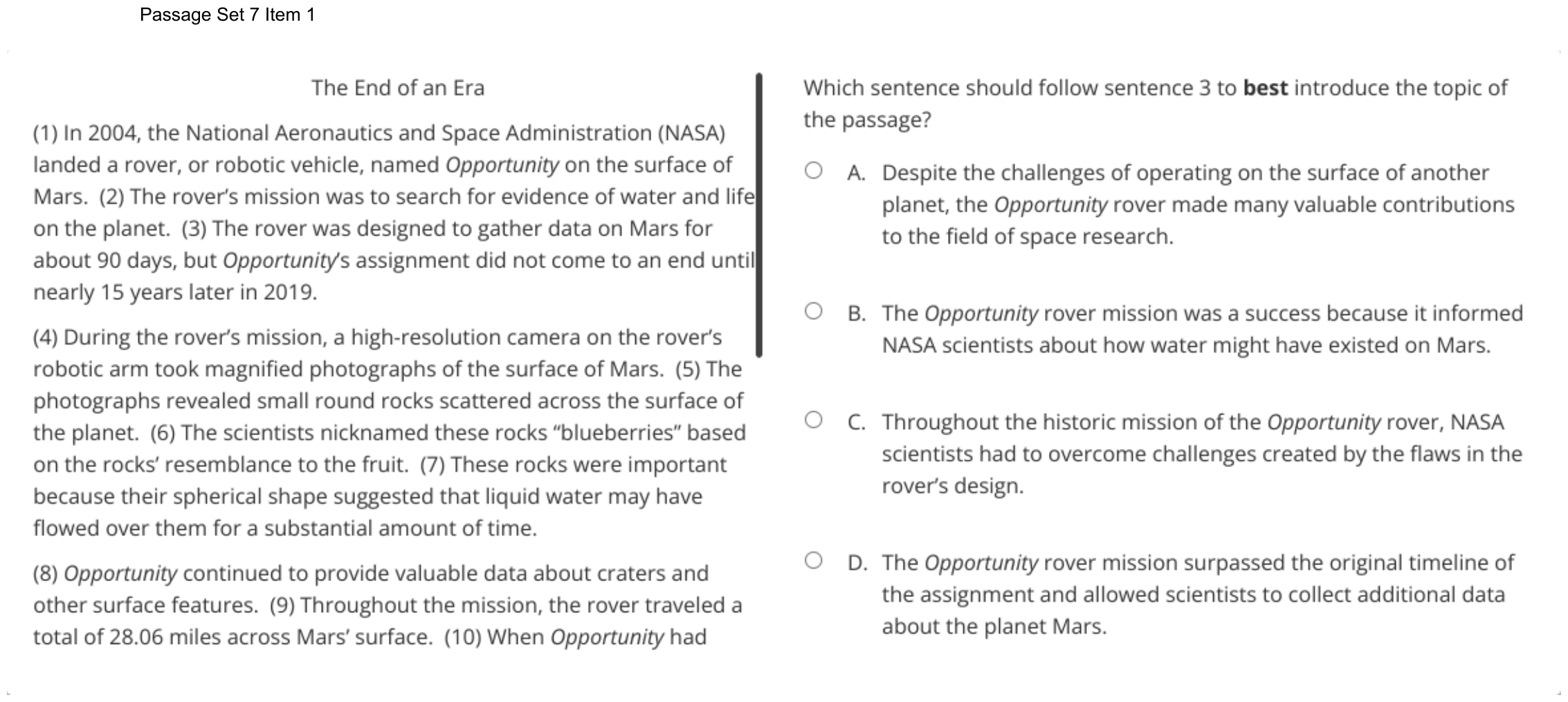 Question 43 as shown on the DOE’s digital test, page 61 of its printable version.