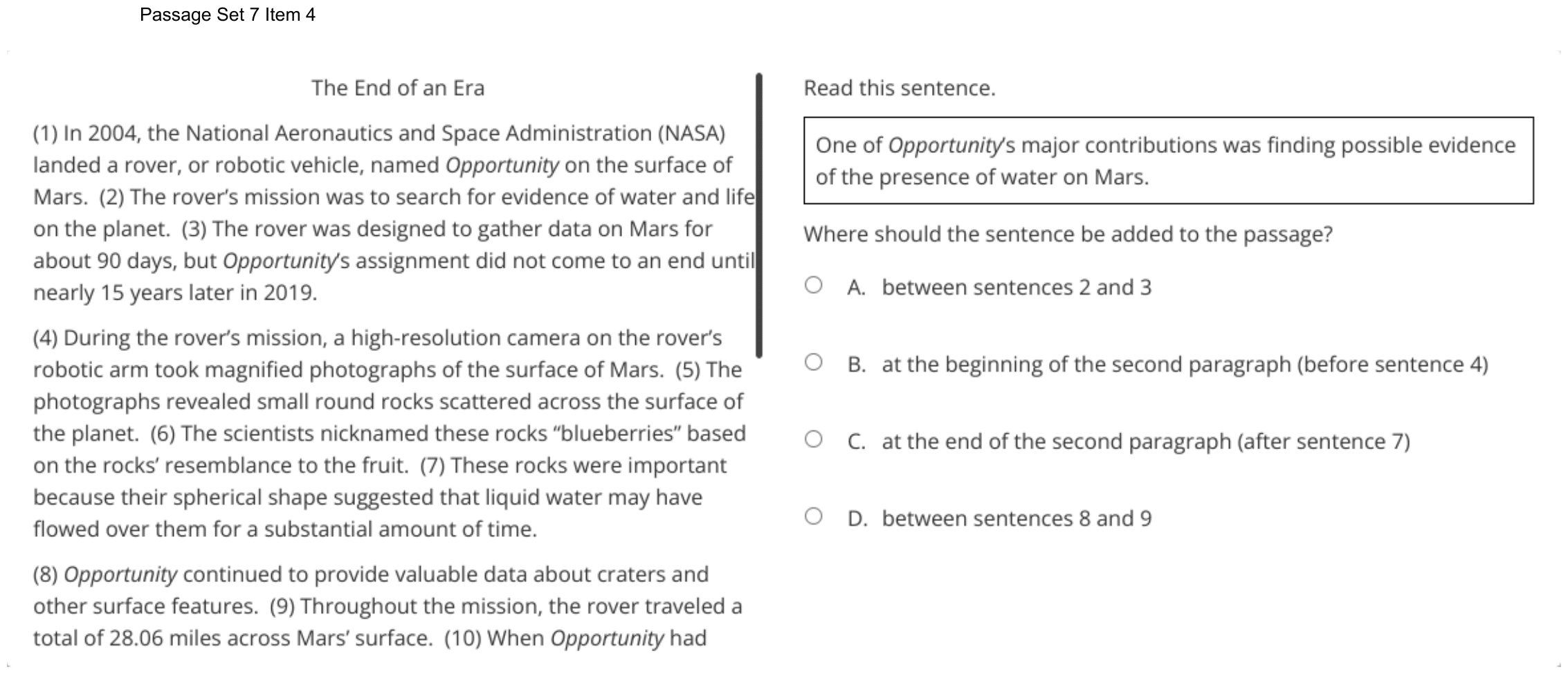 Question 46 as shown on the DOE’s digital test, page 64 of its printable version.