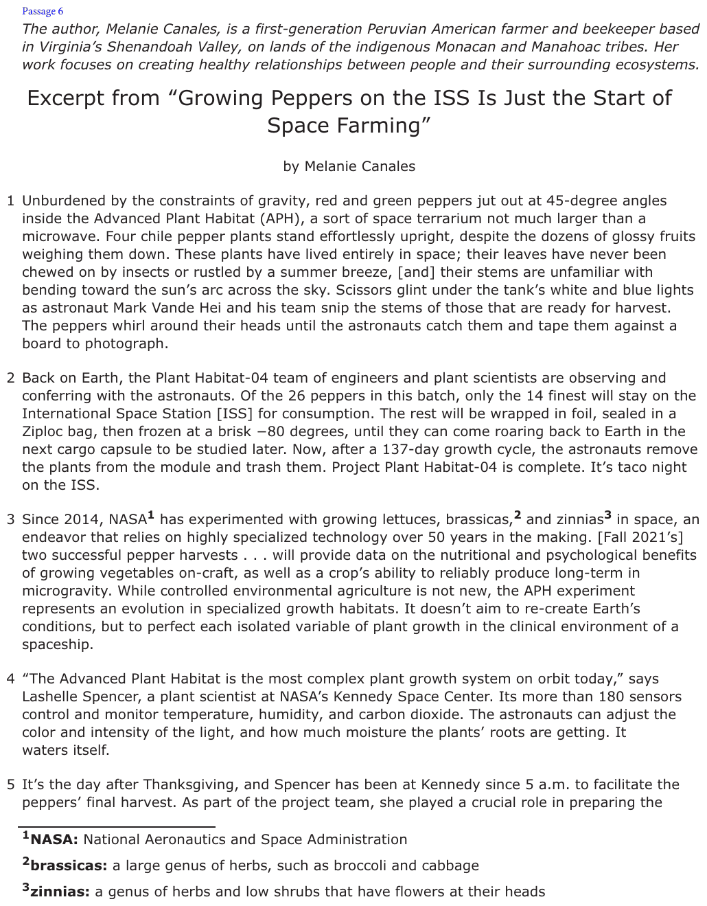 The passage “Excerpt from “Growing Peppers on the ISS Is Just the Start of Space Farming”” as printed on page 50 of the DOE handbook.
