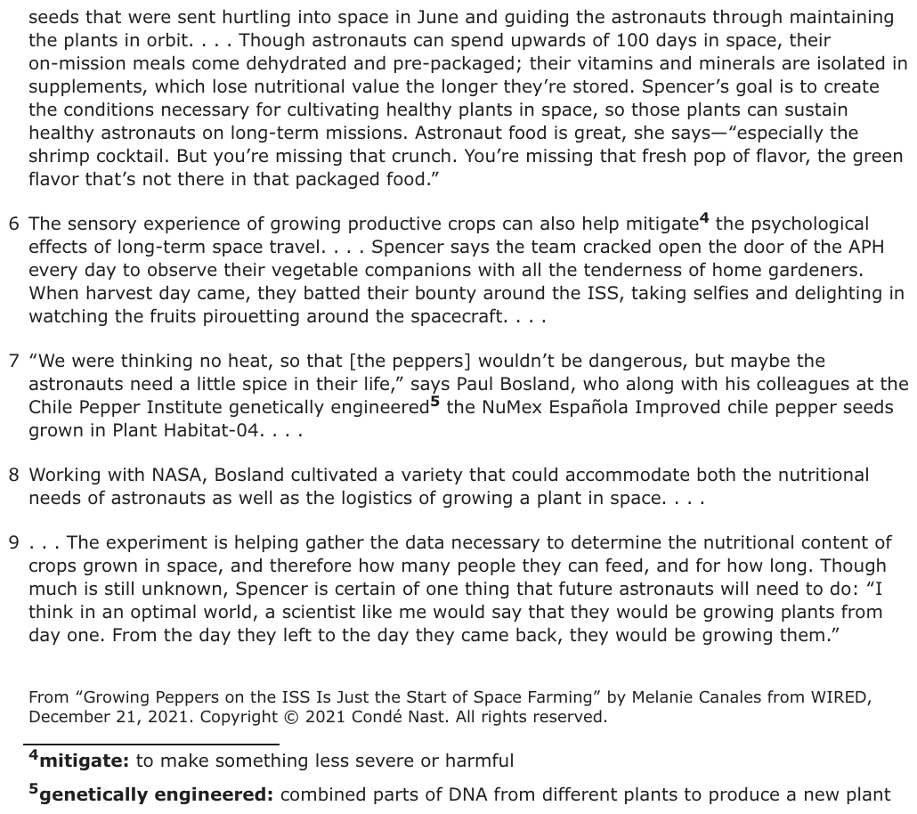 The passage “Excerpt from “Growing Peppers on the ISS Is Just the Start of Space Farming”” as printed on page 51 of the DOE handbook.
