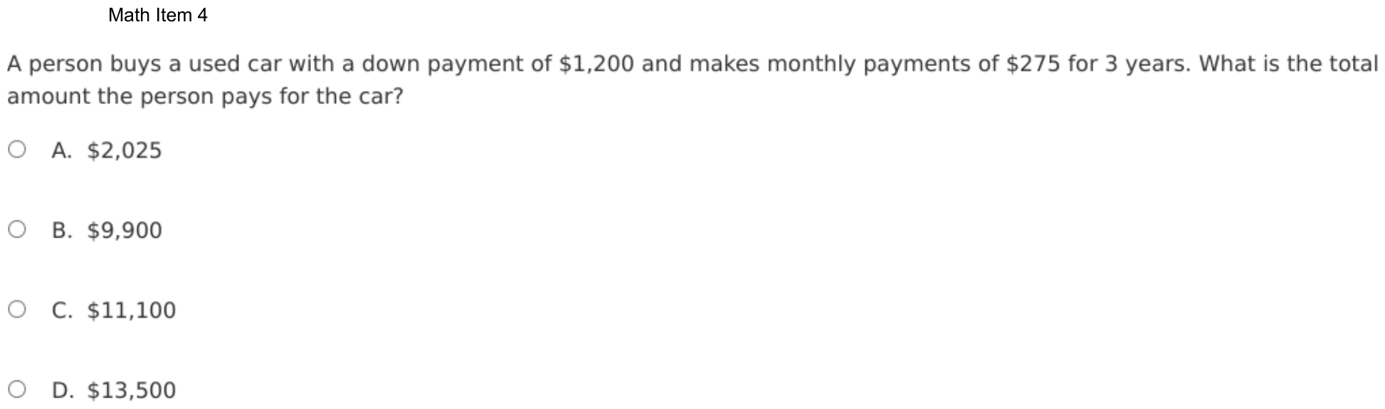 Question 4 as shown on the DOE’s digital test, page 77 of its printable version.