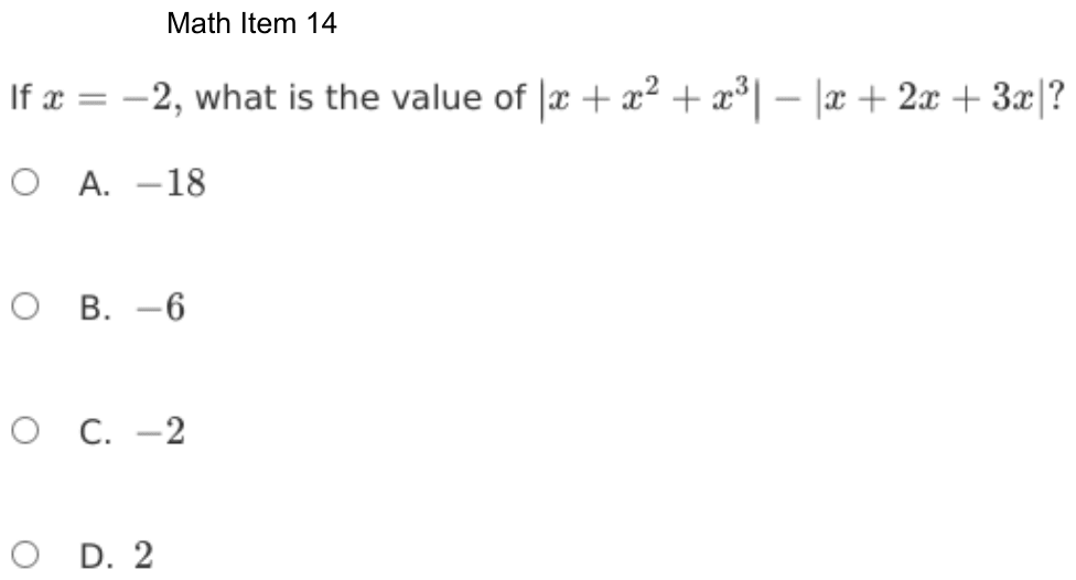 Question 14 as shown on the DOE’s digital test, page 87 of its printable version.