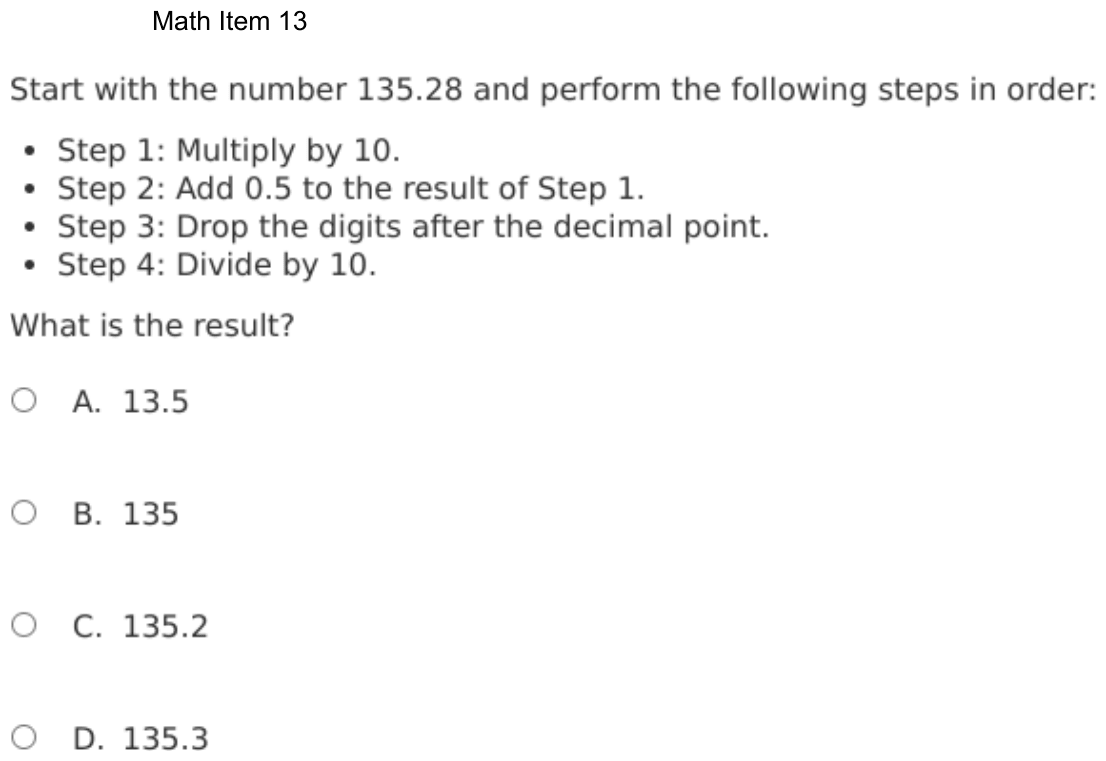 Question 13 as shown on the DOE’s digital test, page 86 of its printable version.