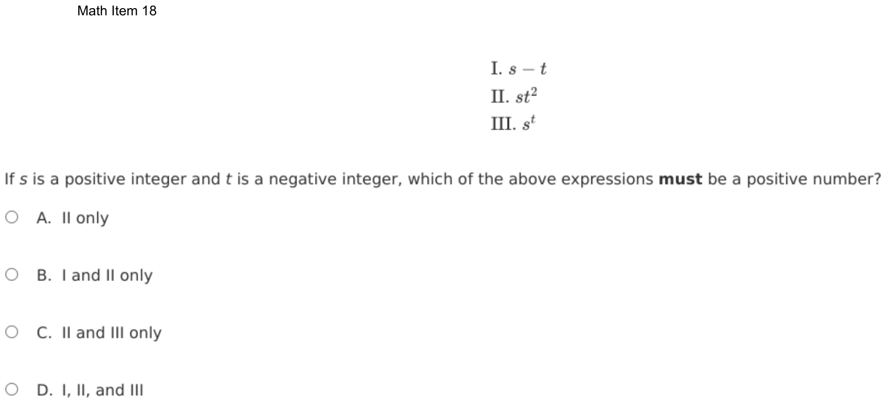 Question 18 as shown on the DOE’s digital test, page 91 of its printable version.
