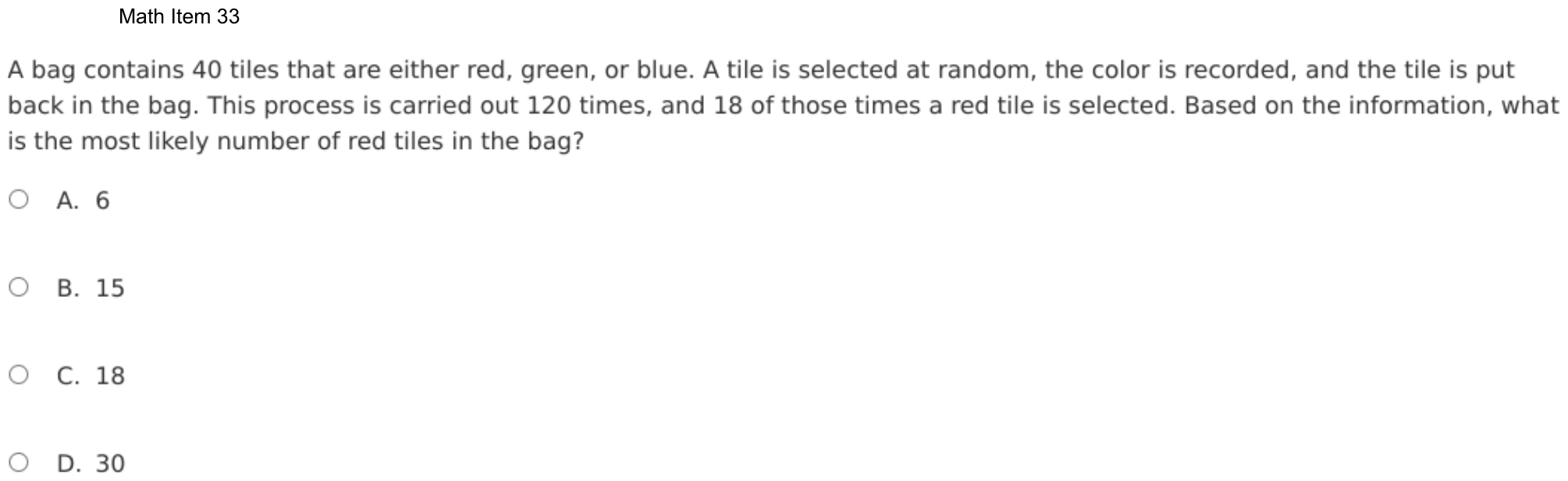 Question 33 as shown on the DOE’s digital test, page 106 of its printable version.