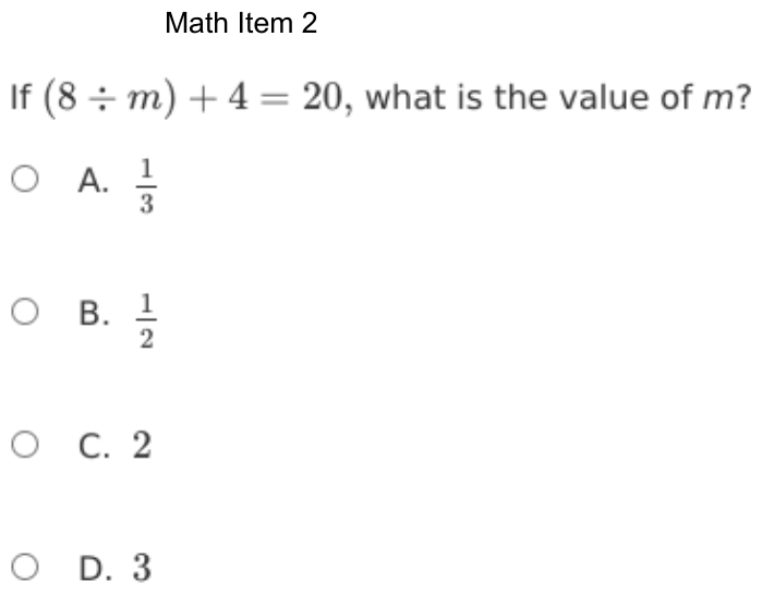 Question 2 as shown on the DOE’s digital test, page 75 of its printable version.