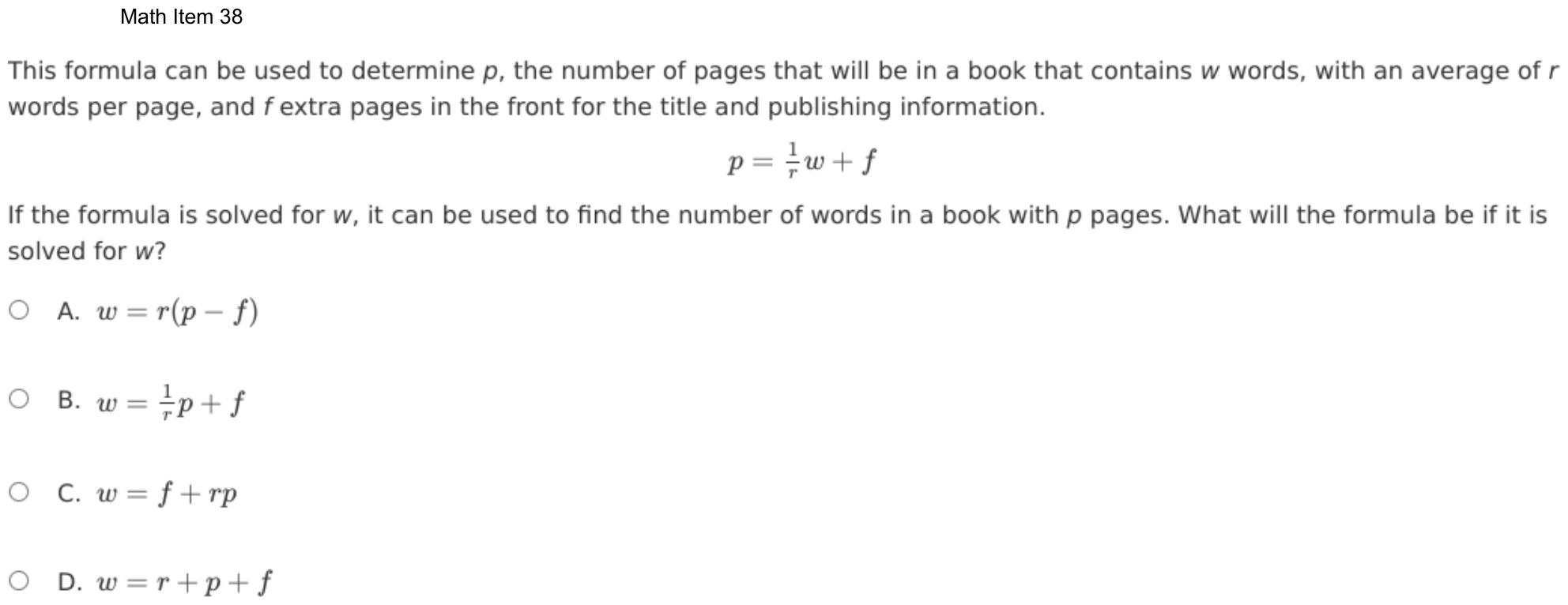 Question 38 as shown on the DOE’s digital test, page 111 of its printable version.