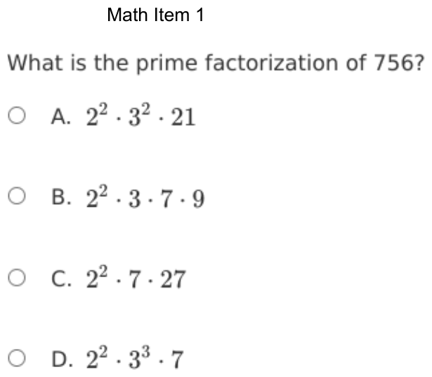 Question 1 as shown on the DOE’s digital test, page 74 of its printable version.
